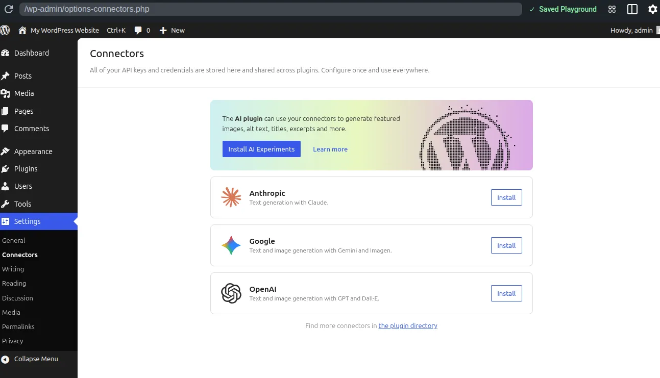 Page de gestion des connecteurs IA dans l’admin WordPress