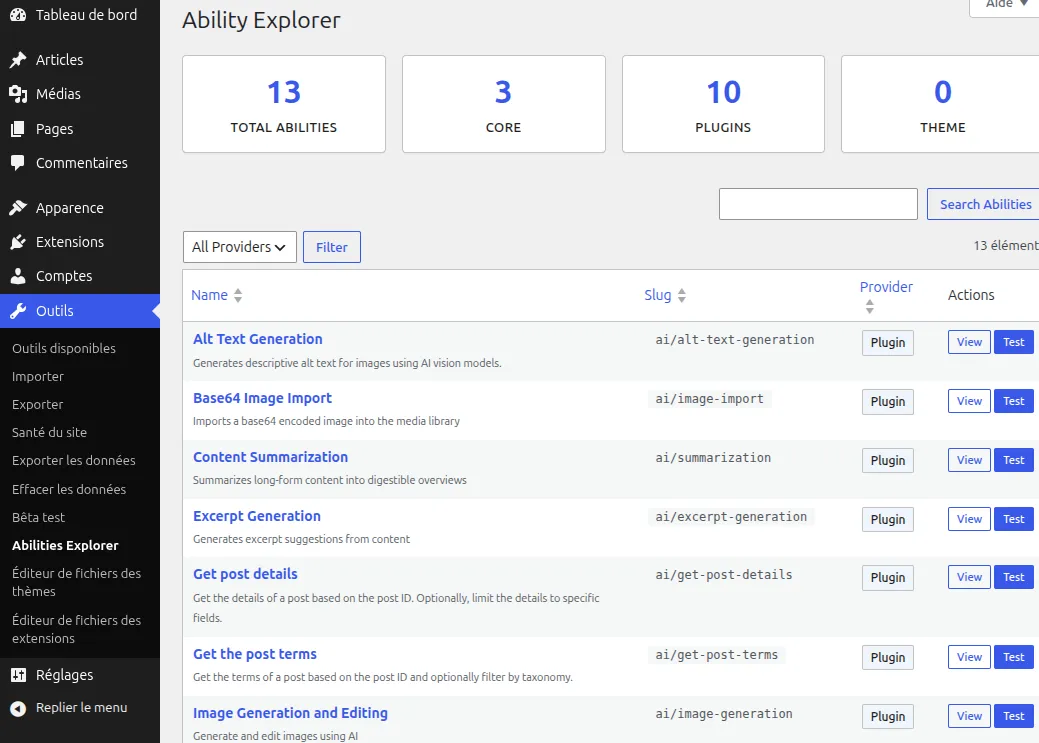 Explorateur d’Abilities dans l’interface d’administration de WordPress 7.0