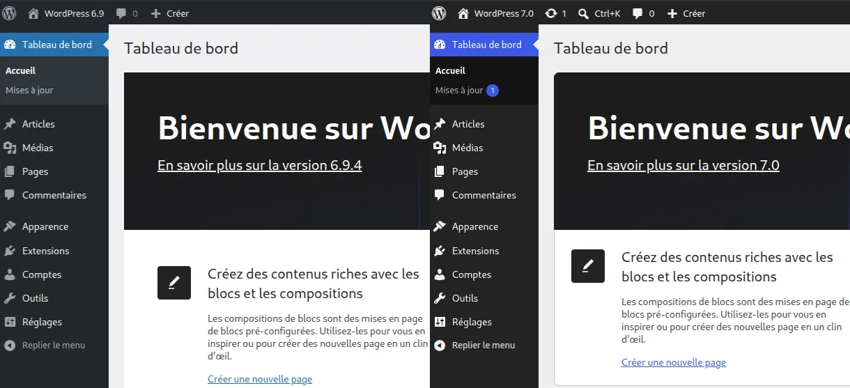 Comparatif : thème de 6.9 à gauche et thème de 7.0 à droite