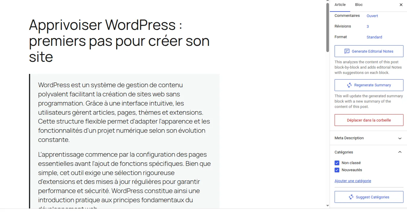De nouvelles possibilités apparaissent alors dans l’éditeur pour générer une image, un résumé, choisir une catégorie ou des tags