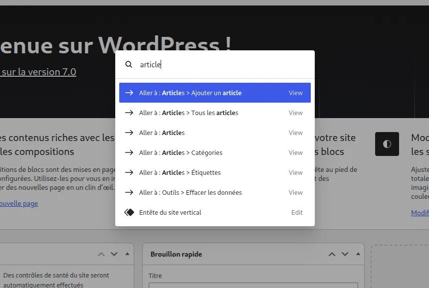Exemple de recherche d’une page de réglages depuis la Command Palette