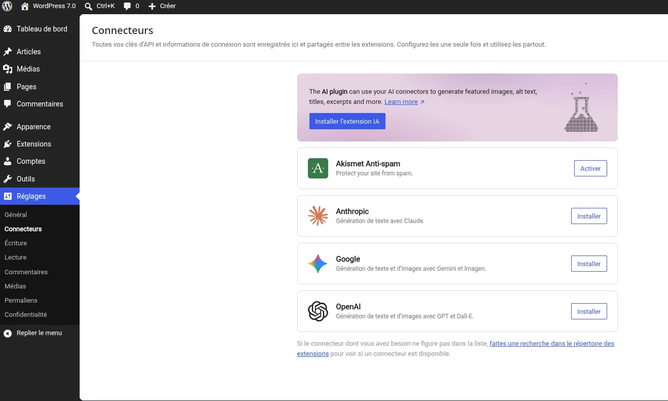Page connecteurs pour l’intégration de l’IA dans WordPress 7.0 avec choix du fournisseur et activation de la clé API et du plugin officiel