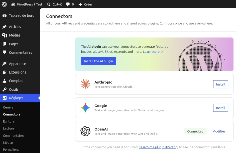 Page de gestion des connecteurs d’IA dans WordPress 7.0