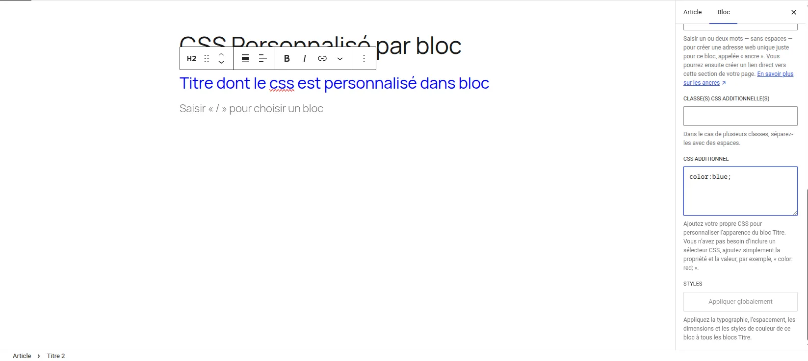 Champ de CSS additionnel dans les options avancées d’un bloc - Exemple de personnalisation d’un titre