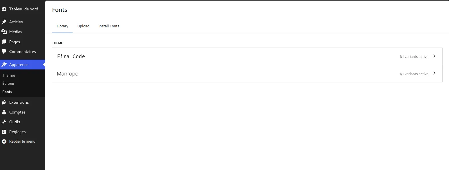 La nouvelle page de gestion des polices