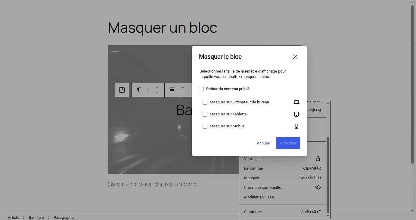 Modal de masquage des blocs avec choix des appareils