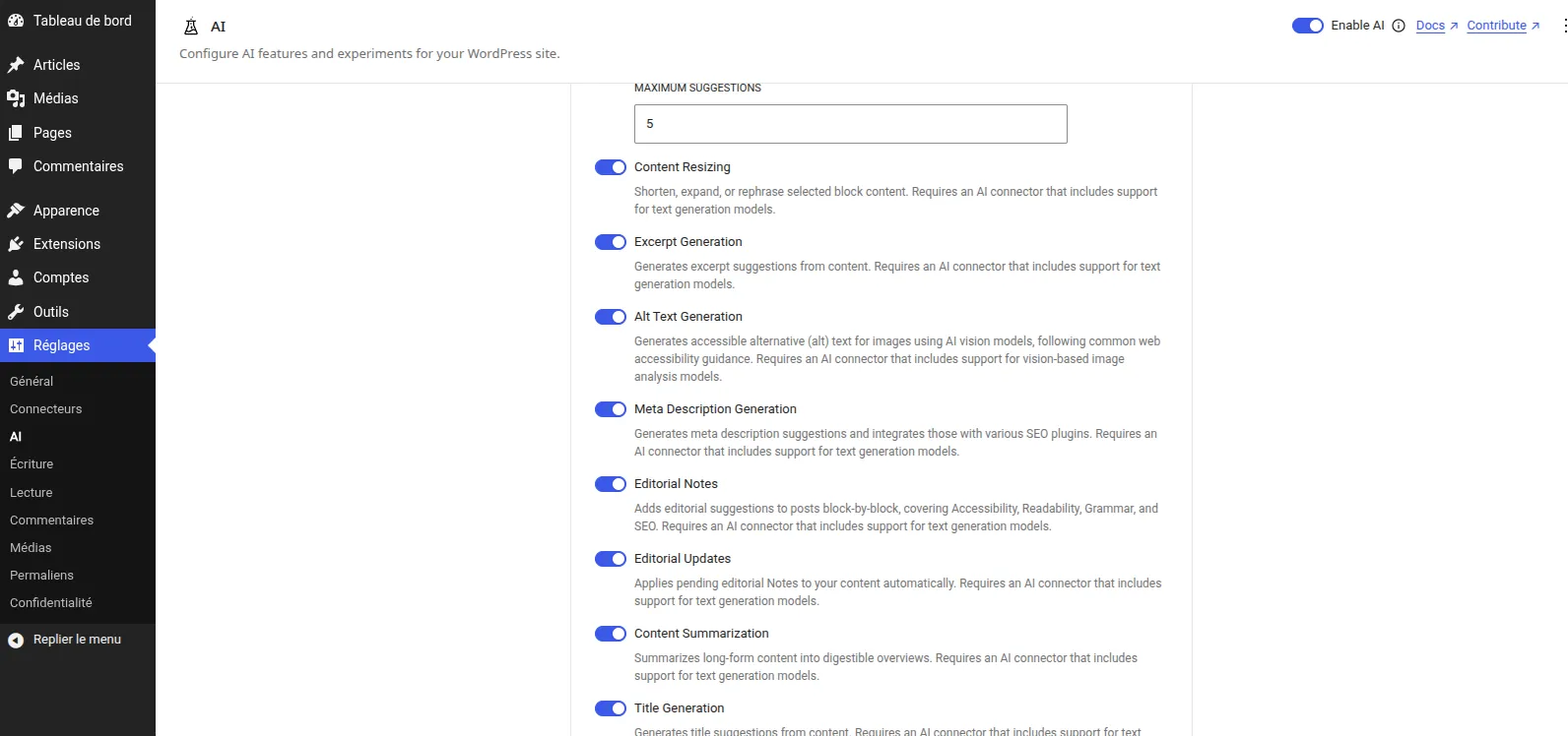 Une fois la clé API et le plugin activés, vous pouvez choisir les capacités sur la page IA qui permet également de tout activer ou désactiver d’un seul clic