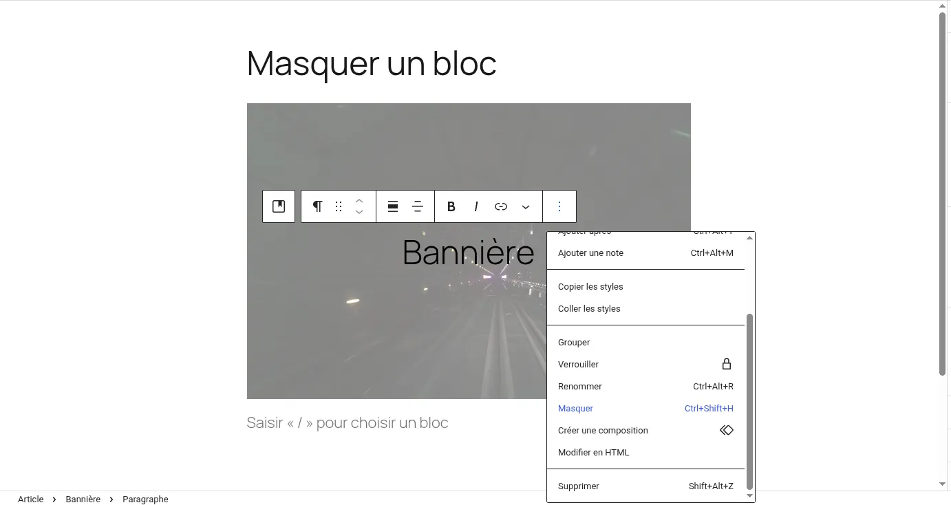 Accès au menu de masquage des blocs