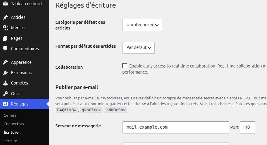 Capture d’écran de l’option de collaboration en temps réel dans les réglages de WordPress