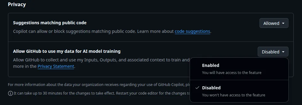 GitHub Copilot - Opt-out sur l’utilisation des données pour entraîner les modèles d’IA