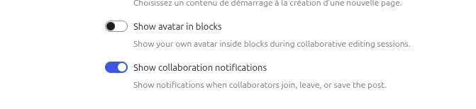 Capture d’écran de la gestion des notifications de collaboration en temps réel dans les préférences de l’éditeur